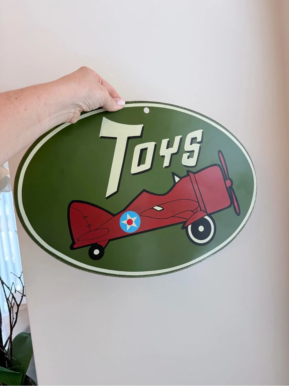 Target Red Airplane 'Toys' Oval Wall Sign on Green